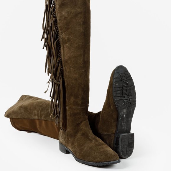 Stuart Weitzman 5050 Mane Fringe Olive Suede Leather OTK Boots - Picture 1 of 11